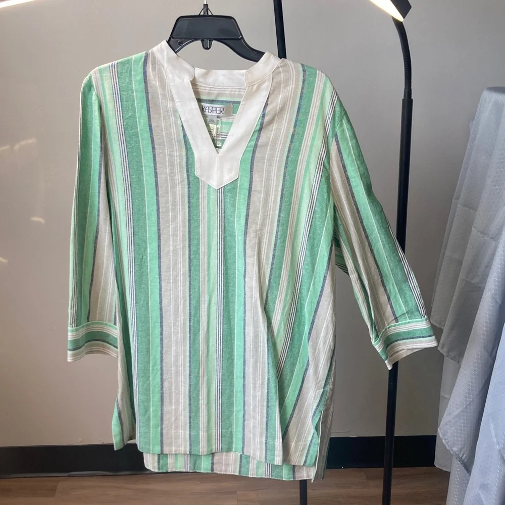 Kasper top print stripes pattern blouse linen blend career business casual L - Picture 11 of 17